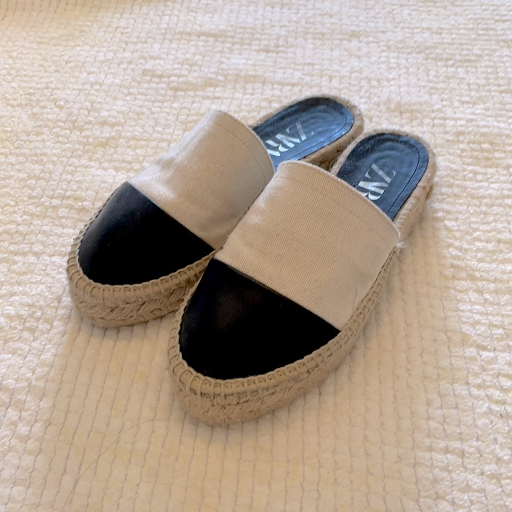 Zara Black leather and beige spadrilles platform shoes